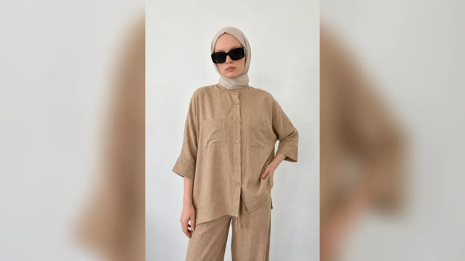 Wearon Modest Fashion Studio output: virtual model in a beige linen shirt set, a pre-production catalog frame example